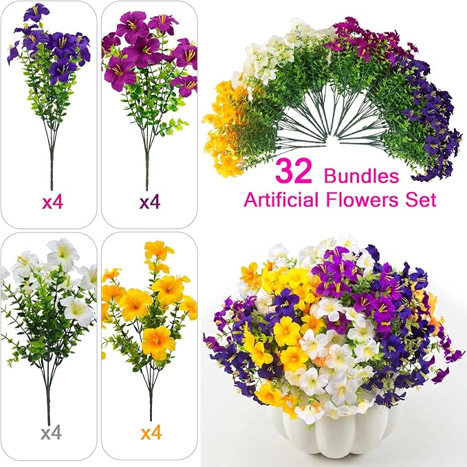 32 Pcs Faux Petunias Artificial Flowers For Outdoors, UV Resistant Fake Petunias Plants Realistic Silk Flowers for Porch Front Door Garden Window Outside Decor (32, White,Yellow,Purple,RedViolet)