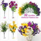 32 Pcs Faux Petunias Artificial Flowers For Outdoors, UV Resistant Fake Petunias Plants Realistic Silk Flowers for Porch Front Door Garden Window Outside Decor (32, White,Yellow,Purple,RedViolet)