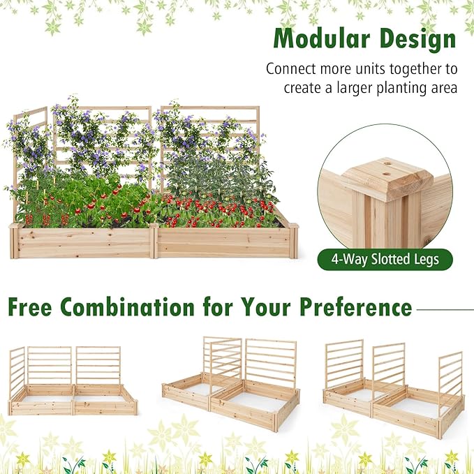 S AFSTAR Raised Garden Bed with 3 Trellis & 2 Planter Boxes, Outdoor Wooden 88" L x 45" W x 43" H Planter Box Kit for Flower Herb Vegetable Fruit Climbing Vines, Gardening Planter for Garden Patio