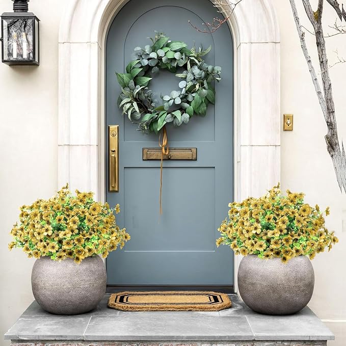 ATTGREAT Artificial Flowers Outdoor Faux Plants UV Resistant Fake Patio Flowers Plastic Greenery Plnats Outside Bulk for Spring Garden Hanging Planter Home Vase Decor, 24 Bundles (Yellow)
