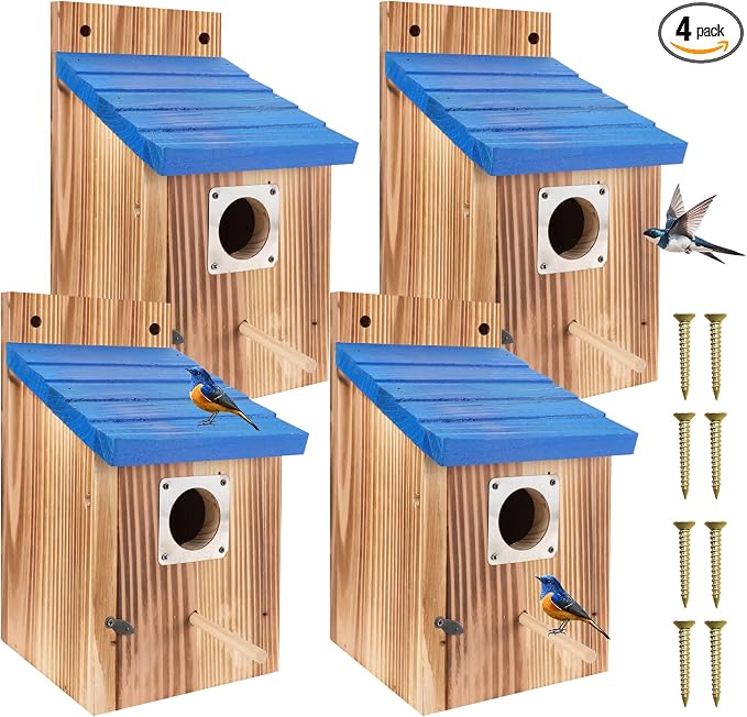 4-Piece Outdoor Bird House Set, Bird Houses for Outside with Metal Guards, Safety Locks, Flight Slots, & Ventilation, Bluebird Houses with 1-1/2" Entrance for Bluebirds, Wrens, Finches-Blue