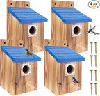 4-Piece Outdoor Bird House Set, Bird Houses for Outside with Metal Guards, Safety Locks, Flight Slots, & Ventilation, Bluebird Houses with 1-1/2" Entrance for Bluebirds, Wrens, Finches-Blue