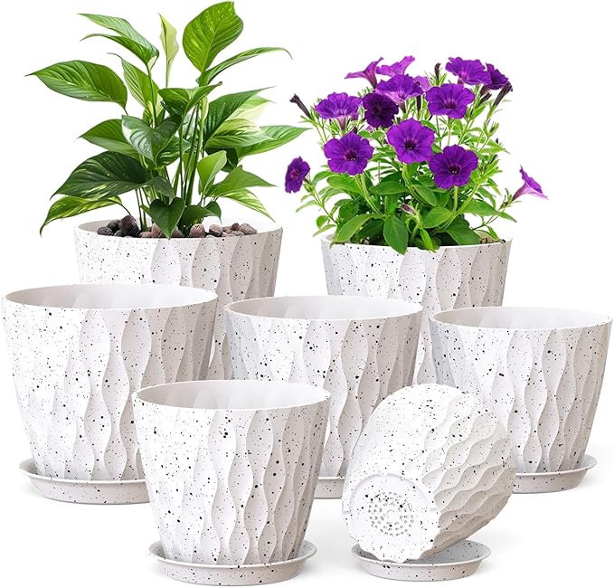 Meowell 7/6.5/6/5.5/5/4.5/4 inch Plant Pots for Indoor Outdoor Plants, 7 Pack Thick Flower Pots with Drainage Holes and Saucers, Modern Wave Texture Plastic Planters Nursery Pots, Speckled White