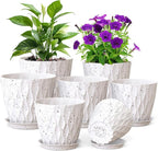 Meowell 7/6.5/6/5.5/5/4.5/4 inch Plant Pots for Indoor Outdoor Plants, 7 Pack Thick Flower Pots with Drainage Holes and Saucers, Modern Wave Texture Plastic Planters Nursery Pots, Speckled White