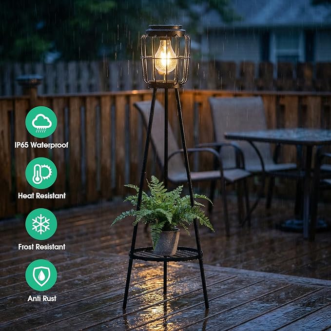 VISFLAIR Solar Lights with Plant Stand, Outdoor Floor Lamp, Waterproof Solar LED Edison Bulb Light Flower Shelf for Patio Porch Deck Yard Garden Decor-1 Pack