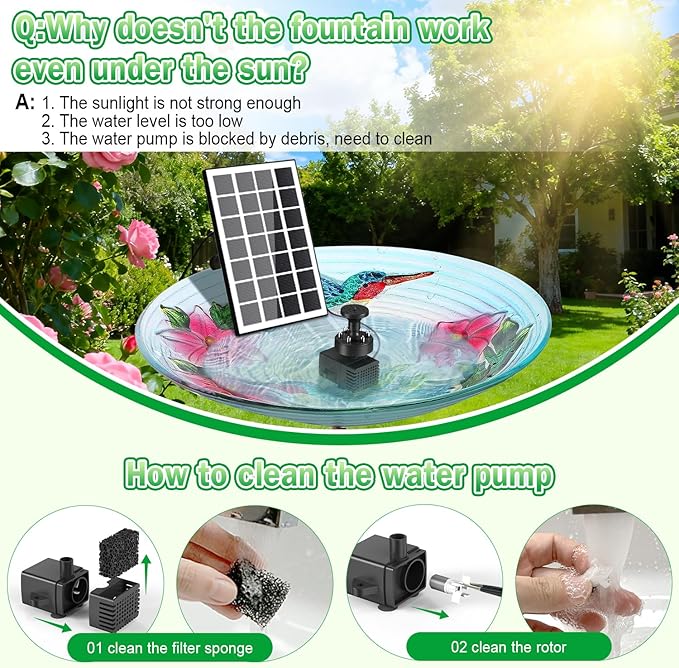 Jutai Solar Fountain Kit White Lights,3.5W Glass Solar Water Pump with 2000mAH Battery, Solar Bird Bath Fountain with Sucker and Stake for Garden, Outdoor, Water Feature-16.4ft Power Cord,7 Nozzles