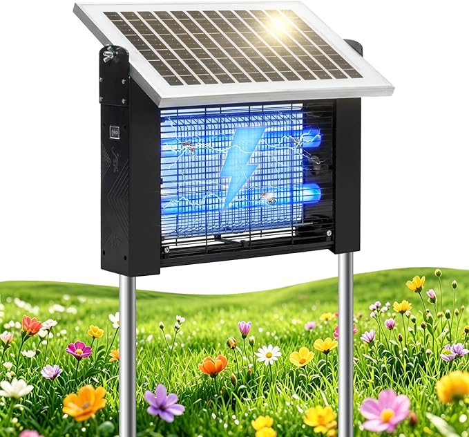 LANGY 10W Solar Bug Zapper Outdoor, 4500V Mosquito Zapper Outdoor Solar Waterproof Fly Zapper w 365nm Light, 5Ah Battery, 16.4ft Cord & Brush, Rechargeable Wireless Fly Insect Zapper Mosquitos Trap