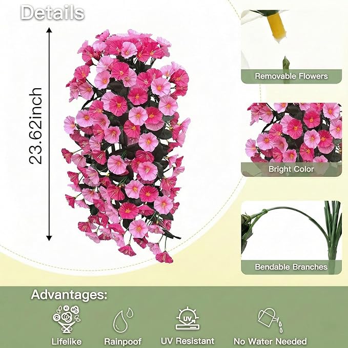 Artificial Flowers for Outdoors Fake Pink Morning Glory Hanging Flower Decoration, 2Pcs Realistic Faux Plants Petunias Long Trailing Vines,Spring Decor for Porch Patio Balcony Planter Yard