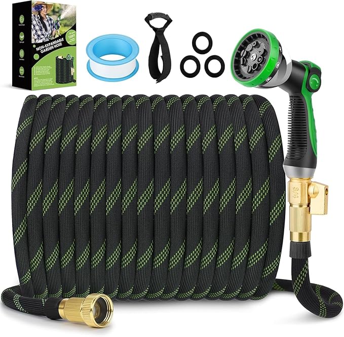 Non-Expandable Garden Hose 150 ft, Ultra Lightweight & Flexible Water Hose With 10-Pattern Spray Nozzle, Full Length Leak-Proof Design, High-Density Fabric & Shut-Off Valve, Hose Straps