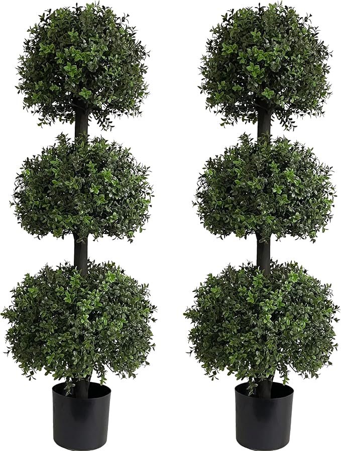 ALL SEASON GREEN 4ft Triple Ball Boxwood Topiariy Trees,UV Resistant,Faux Topiaries for Outdoor Porch Planter Decor 2Pack