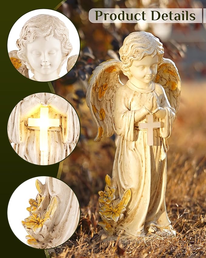 Solar Angel Statues for Outside, 12" Garden Solar Angel Figurines w/Lighted Cross, Guardian Angel for Cemetery, Yard, Pathway, Lawn Decor, Memorial Gardens Gifts for Mom Grandma Women
