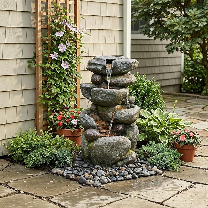 Sunlinua 28.6" H Outdoor Water Fountain with 4 Tiers Cascading Realistic Rock Waterfall Fountains with LED Lights Outdoor Water Fountain for Garden Patio Backyard Porch Home Decor