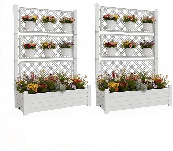 5' Tall Raised Garden Bed with Trellis, Self Watering Planter Box for Outdoor Climbing Plants Resin Garden Lattice for Vegetables, Flowers, Tomato & Vine with Drainage Holes (Ashen, 2 Pack)