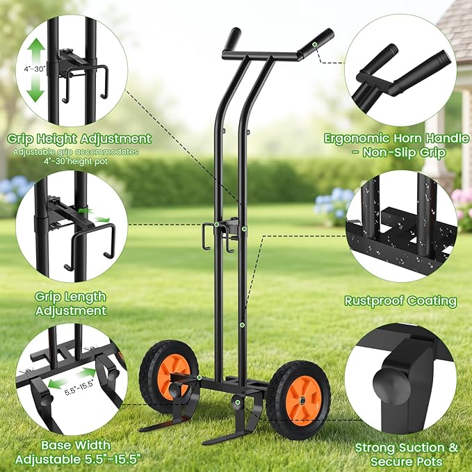 Heavy Duty Plant Dolly with Wheels, Adjustable Plant Caddy Pot Mover, No-Bend Rolling Garden Trolley with Suction Cups & Strap for Indoor Outdoor Planters, Black