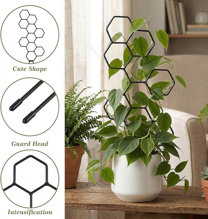 Small Trellis for Potted Plants, 14 Inch Indoor Trellis for Climbing Plants Honeycomb Shape Metal Plant Trellis for Pots Plant Climbing Support for Flower Hoya Pothos Houseplants(Black)