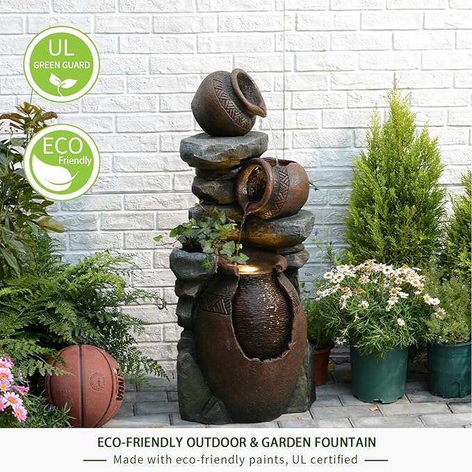Bumilgar Outdoor Garden Water Fountain for Garden, Patio, Backyard, Deck, Porch and Home Art Decor, 3 Tiers Modern Cascading Outdoor Fountain with Lights 38.4" H
