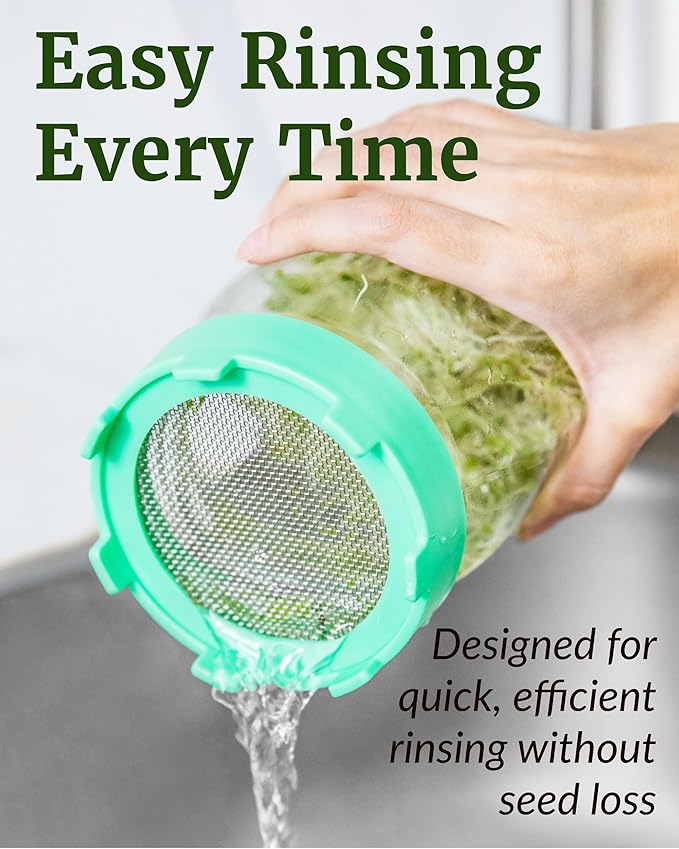 Elementi Sprouting Lids for Wide Mouth Mason Jars (Set of 2), Sprouting Jar Kit for Organic Sprouts, Alfalfa & Mung Bean Sprouts Grow Kit, 316 Stainless Steel Mesh Screen Strainer Lid (Mint)