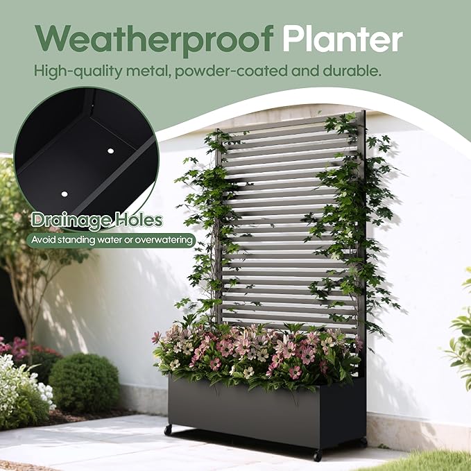 Metal Planter Box with Trellis Privacy Screen, Raised Garden Bed with Trellis & Wheels, Privacy Planters for Patio, Planter Box with Drainage Holes for Climbing Plants, 73"x 47"x 16", Black