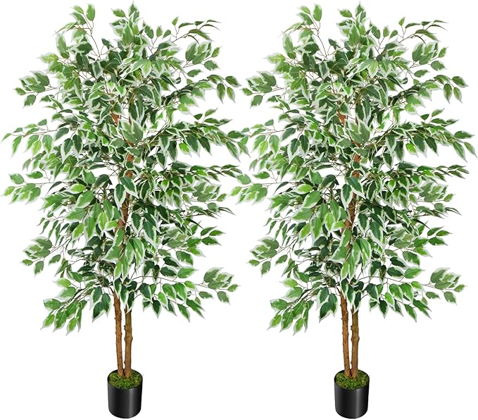 GTIDEA 2 Pcs 5ft Ficus Artificial Trees, Tall Faux Trees with Natural Trunk, Fake Silk Tree Artificial Plants for Home Decor Indoor Living Room Outdoor Balcony House Office (Included Dried Moss)
