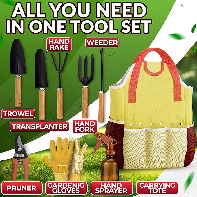 10 Pcs Gardening Tool Set for Women – All-in-One Garden Tools Set with Handy Tote Bag, Ergonomic Design & Rust-Resistant Steel – Gardening Tools for Women for Easy Garden Care & Gifts for Plant Lovers