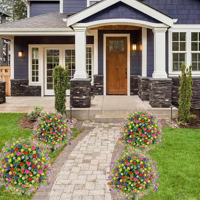 2 Pack Artificial Topiary Boxwood Ball Trees with Ground Spike, 23.6'' Faux Shrubs Fake Brush Plants Flowers Greenery for Indoor Front Porch Garden Outdoor Decoration