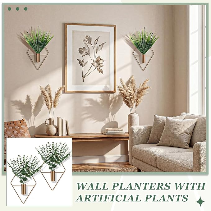 Canlierr 4 Pieces Bronze Wall Decor Hanging Planters with Artificial Aquatic Plants Metal Hanging Vase Indoor Plants Holder Modern Boho Wall Art for Bathroom Bedroom Living Room Decor