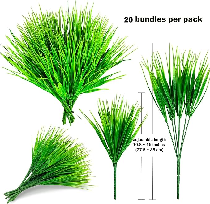 Artificial Monkey Grass Outdoor Shrubs - 20 Bundles Fake Plants UV Resistant No Fade Faux Plastic Greenery Home Garden Porch Patio Decoration Office Indoor (Green Grass)
