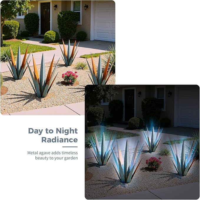 24” Large Solar Metal Agave Plants Outdoor Decor, Tequila Rustic Sculpture Outdoor Statues, Garden Sculpture for Patio Path Courtyard and Lawn (Vintage Blue-Solar Light)