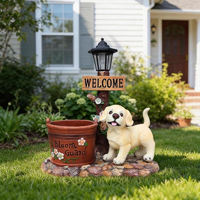 Animal Outdoor Statue Planter Solar Light Welcome Garden Sculpture Resin Flower Pot Decorative Porch Patio Yard Lawn Entryway Figurine with LED Lamp Rustic Plant Holder Ornament Courtyard (G)