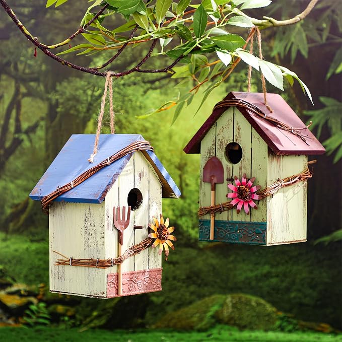 DoubleFill 2 Pcs Birdhouses for Outdoor Hanging Yard Outside Wooden Birdhouse Hand Painted Bird Box for Bird Lovers Bluebird Tree Garden Decor Decorative Birdhouse(Light Color,Wooden Roof)
