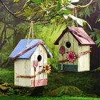 DoubleFill 2 Pcs Birdhouses for Outdoor Hanging Yard Outside Wooden Birdhouse Hand Painted Bird Box for Bird Lovers Bluebird Tree Garden Decor Decorative Birdhouse(Light Color,Wooden Roof)