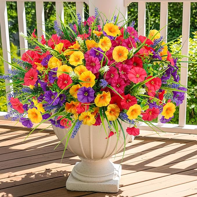 Artificial Flowers for Outdoors, Artificial Petunias Paired with Lavender UV Resistant Plastic Flower,Spring Flowers Used for Hanging Flower Pots, Porch Windows,Weddings Decorations (12 PCS)