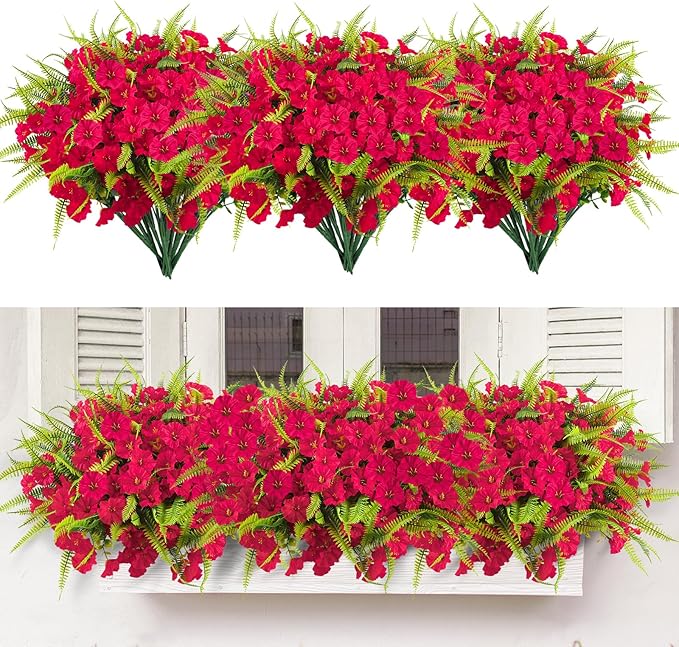 Artificial Flowers for Outdoors 12 Bundles Artificial Petunias Fake Flowers UV Resistant Shrubs Plants with Fern for Indoor Outside Hanging Planters Home Garden Summer Decorations(Rose Red)
