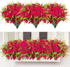 Artificial Flowers for Outdoors 12 Bundles Artificial Petunias Fake Flowers UV Resistant Shrubs Plants with Fern for Indoor Outside Hanging Planters Home Garden Summer Decorations(Rose Red)