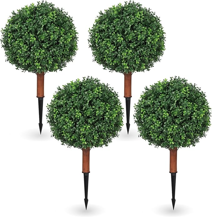 26 inch Height Artificial Boxwood Ball Bush with Ground Spikes, Set of 4 UV Resistant Faux Boxwood Ball Trees for Outdoors, Fake Evergreen Shrubs Bushes Plants for Garden Patio Front Door Balcony
