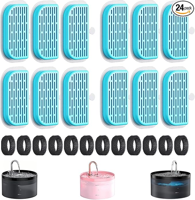 GIOTOHUN Cat Water Fountain Filter: 24 Filters - 12 Pieces Filters + 12 Pieces Sponges for Cat Fountain - Pet Water Fountain Filter Replacement for Pet Dispenser H1 (67oz/2L)