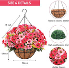 Ouddy Decor Artificial Hanging Flowers with Basket, Fake Silk Hanging Flowers in Coconut Lining Basket Faux Hanging Plants for Outdoor Indoor Spring Garden Porch Patio Balcony Home Decor, Pink