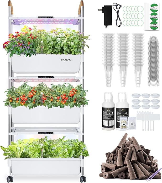 Indoor Hydroponic Growing System with 81 Pods Herbs Garden Kit with 30W Led Grow Light Large Movable 3-Layer Floor-Standing Hydroponic Gardening System for Vegetable Fruit