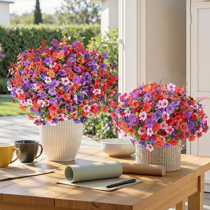 SHareconn 24 Bundles Artificial Flowers for Outdoors Decoration, Faux Plants Fake Silk Colorful Daisy Eucalyptus Lavender, UV Resistant for Outside Home Porch Indoor Spring Decor, 6 Colors incl. Brown