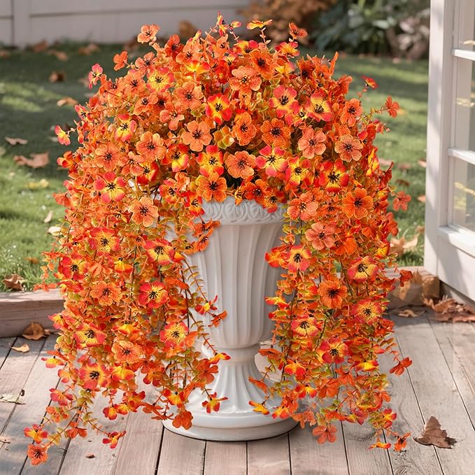 Hommyea Artificial Fall Fake Flowers for Outdoor, 2 Pcs Fake Mums Faux Hanging Flowers Outdoor Fall Decor, UV Resistant Silk Flower for Front Door Porch Planters Patio Yard Garden(Orange Sunset Red)