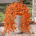 Hommyea Artificial Fall Fake Flowers for Outdoor, 2 Pcs Fake Mums Faux Hanging Flowers Outdoor Fall Decor, UV Resistant Silk Flower for Front Door Porch Planters Patio Yard Garden(Orange Sunset Red)
