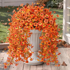 Hommyea Artificial Fall Fake Flowers for Outdoor, 2 Pcs Fake Mums Faux Hanging Flowers Outdoor Fall Decor, UV Resistant Silk Flower for Front Door Porch Planters Patio Yard Garden(Orange Sunset Red)