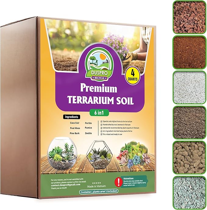 DUSPRO Recycle Premium 6in1 Terrarium Soil Mix – Pre-Mixed Terrarium Substrate Mix for Terrariums, Balanced Moisture Growing Medium with Coco Coir, Peat Moss, Pine Bark, Perlite, Pumice & Zeolite 4QRT