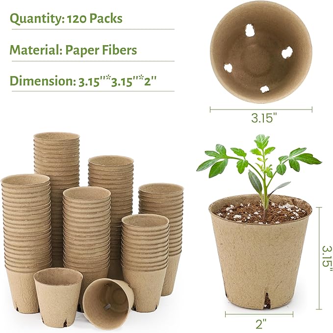 Bluepro 120 Packs 3.15 Inch Peat Pots, Biodegradable Pots for Seedlings with Drainage Holes, Herb Seed Starter