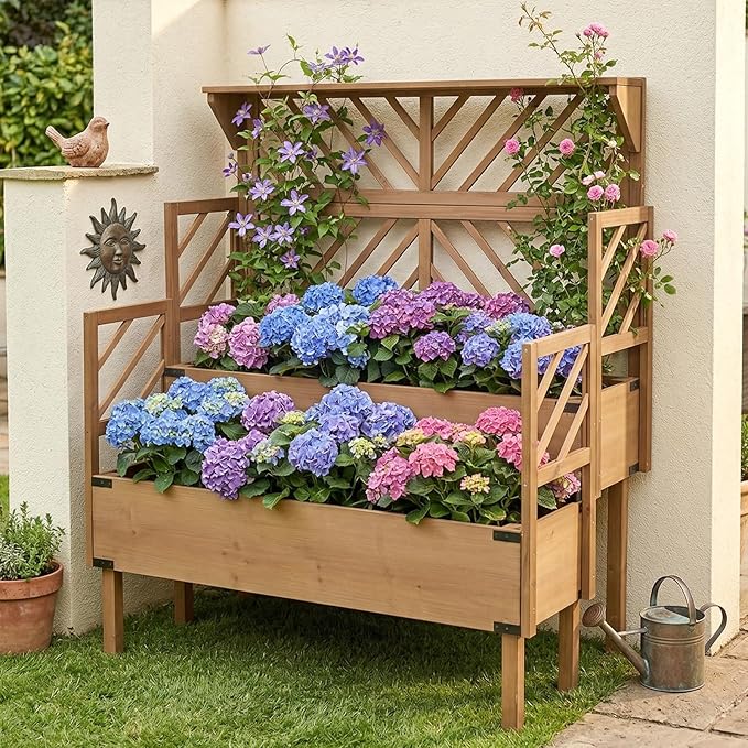 ketive 2 Tier Raised Garden Bed with Trellis & Top Shelf, Elevated Wooden Planter Box for Vegetables Flowers Herbs, Outdoor Vertical Gardening Planter for Backyard Patio Balcony