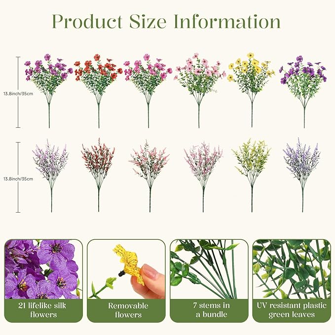 SHareconn 48 Bundles Artificial Flowers for Outdoors Decoration, Faux Plants Fake Silk Colorful Daisy Eucalyptus Lavender, UV Resistant for Outside Home Porch Indoor Spring Decor, 6 Colors incl. Red