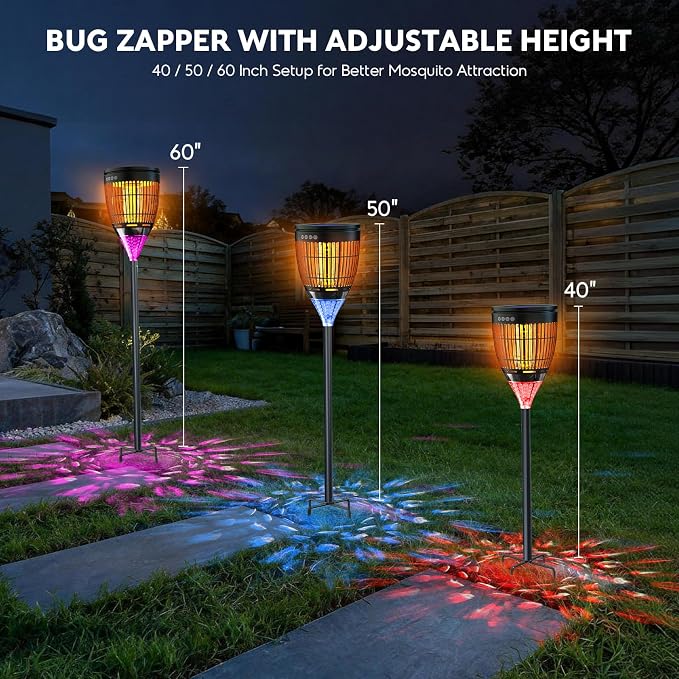 Solar Bug Zapper Outdoor, 4200V 3-in-1 Mosquito Zapper with Flame Light & RGB Projector, Solar Powered & USB Rechargeable, Smart Auto Mode, IP65 Waterproof Mosquito Killer for Yard Garden 2000 Sq Ft
