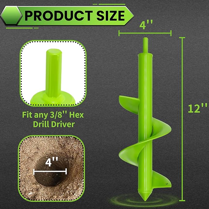 SYITCUN Auger Drill Bit for Planting - 4"X12" Heavy-Duty Garden Auger Spiral Drill Bit - Bulb Planter Tool & Auger Post Hole Digger - 3/8" Hex Drive Drill