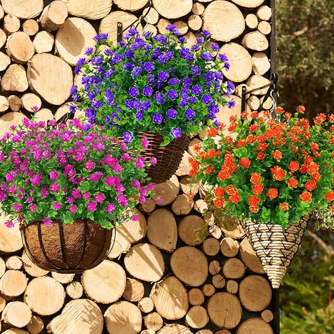 24 Bundles Outdoor Artificial Flowers UV Resistant Fake Boxwood Plants, Faux Greenery for Indoor Outside Hanging Plants Garden Porch Window Box Home Wedding Farmhouse Décor (Purple)