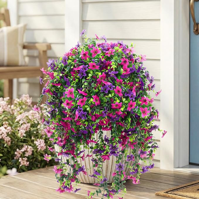 CEWOR 4pcs Artificial Hanging Plants for Outdoor, Fake Flowers Faux Silk Daisy with Eucalyptus, UV Resistant Realistic Faux Flower Greenery for Outside Indoor Home Porch Patio Decor, Purple
